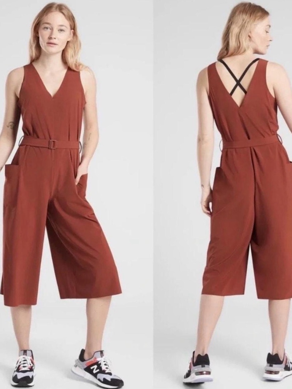 Athleta Rust-Sienna Sleeveless V-Neck Wide-Leg Jumpsuit with Belt